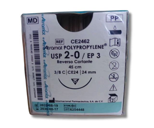 Sutura Polipropileno 2-0, Aguja 3/8 círculo reverso cortante 24 mm, Hebra 45 cm, Marca Atramat, Caja con 12 piezas