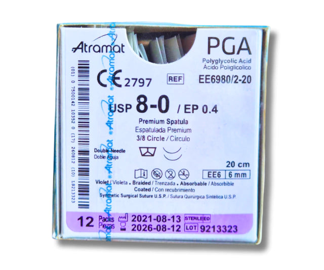 Sutura Ácido Poliglicólico 8-0, Doble armado, Aguja 3/8 círculo espatulada premium 6 mm, Hebra 20 cm, Marca Atramat, Caja con 12 piezas