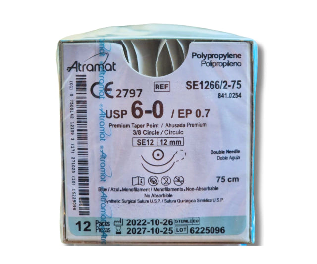 Sutura Polipropileno 6-0, Doble armado, Aguja 3/8 círculo ahusada premium 12 mm, Hebra 75 cm, Marca Atramat, Caja con 12 piezas