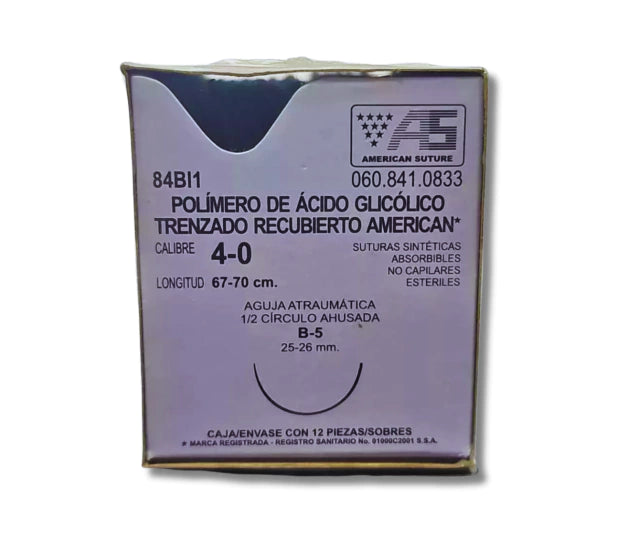 Sutura Ácido Poliglicólico 4-0, Aguja 1/2 círculo ahusada 26 mm, Hebra 70 cm, Marca American Suture, Caja con 12 piezas