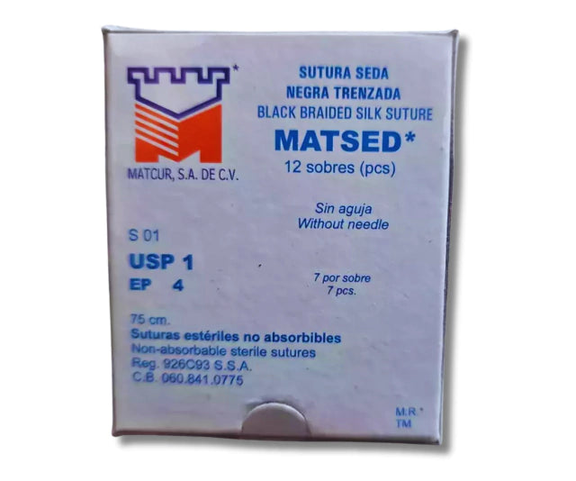 Sutura Seda Negra 1, Sin aguja, Hebra 75 cm, Marca Matcur, Caja con 12 piezas