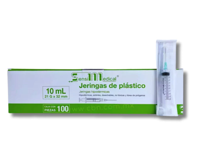 JERINGAS 10 ML SENMEDICAL CON AGUJA 21G X 32 MM VERDE CAJA CON 100 PIEZAS