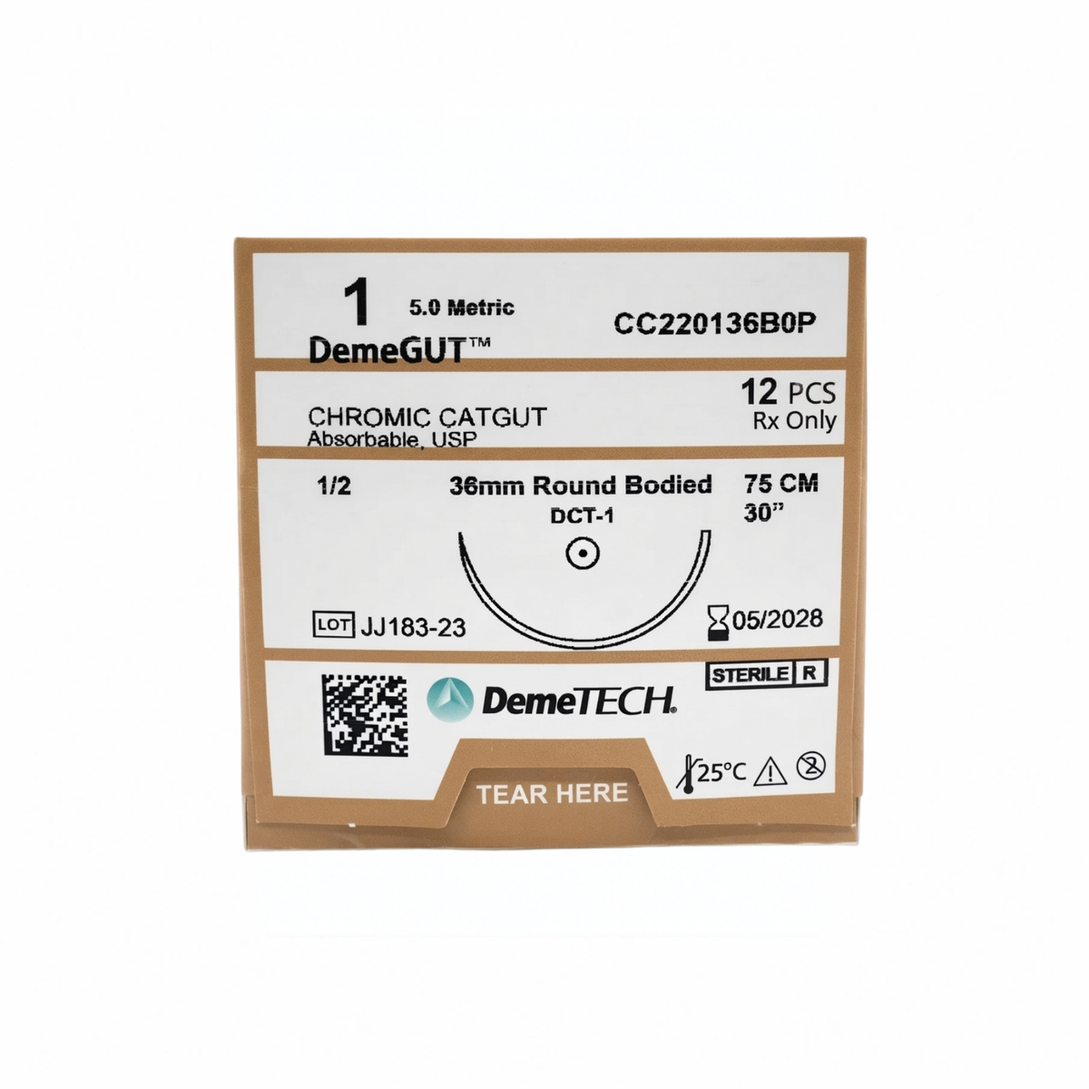 HILO CROMICO CATGUT 1 AGUJA REDONDA 36MM HEBRE DE 75CM DEMETECH CAJA CON 12 PIEZAS CC220136B0P