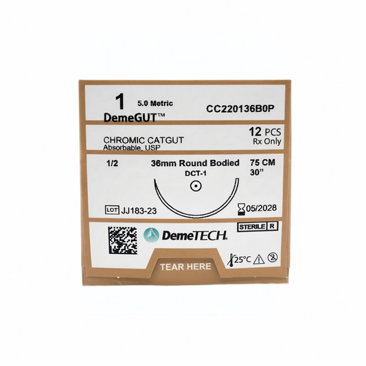 HILO CROMICO CATGUT 1 AGUJA REDONDA 36MM HEBRE DE 75CM DEMETECH CAJA CON 12 PIEZAS CC220136B0P