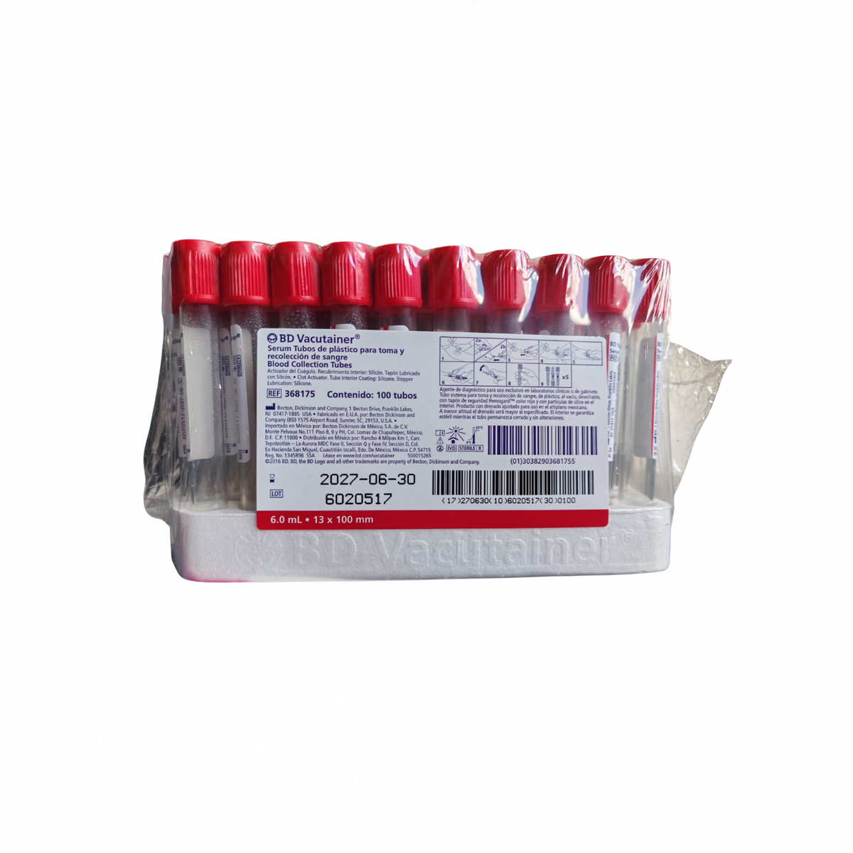 TUBO PARA RECOLECCION DE SANGRE VACUTAINER BD 6.0ML 13X100MM ROJO GRADILLA CON 100 PIEZAS