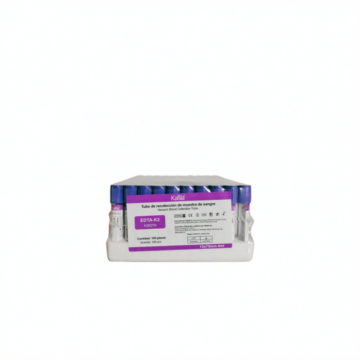 TUBO PARA TOMA DE MUESTRA DE SANGRE 13X75MM 4ML KABLA LILA GRADILLA CON 100 PIEZAS