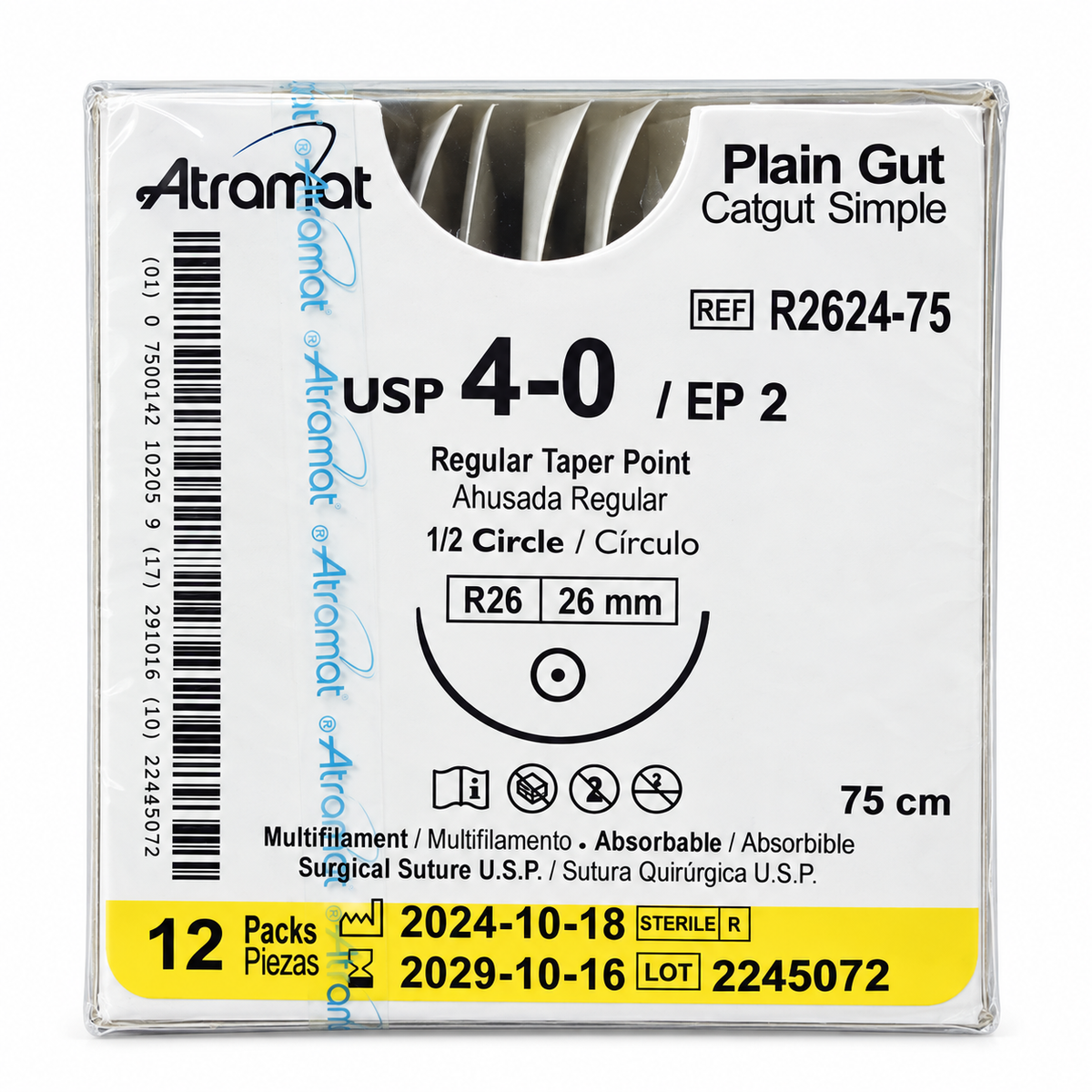 SUTURA CATGUT SIMPLE ATRAMAT 4-0 AGUJA R26 DE 26 MM 12 PIEZAS
