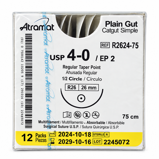 SUTURA CATGUT SIMPLE ATRAMAT 4-0 AGUJA R26 DE 26 MM 12 PIEZAS