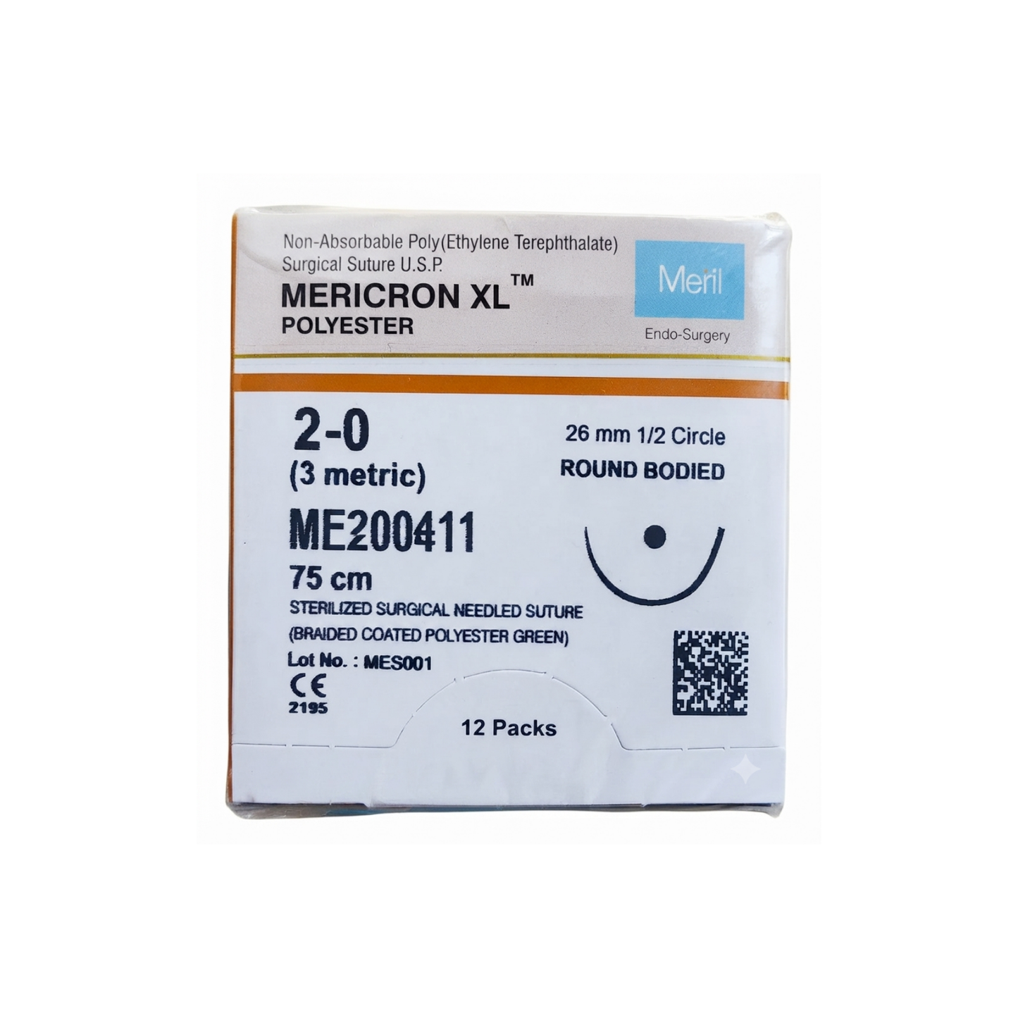 POLIESTER MERICRON MERIL XL 2-0 AGUJA DE 26 MM HEBRA DE 75 CM 12 PIEZAS