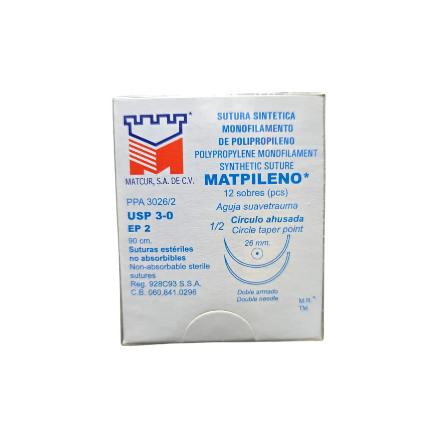 POLIPROPILENO 3-0 AGUJA AHUSADA DE 26 MM DOBLE AGUJA HEBRA 90 CMS MARCA MATCUR CAJA CON 12 PIEZAS 060.841.0296