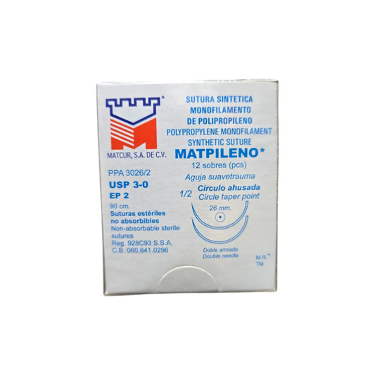 POLIPROPILENO 3-0 AGUJA AHUSADA DE 26 MM DOBLE AGUJA HEBRA 90 CMS MARCA MATCUR CAJA CON 12 PIEZAS 060.841.0296