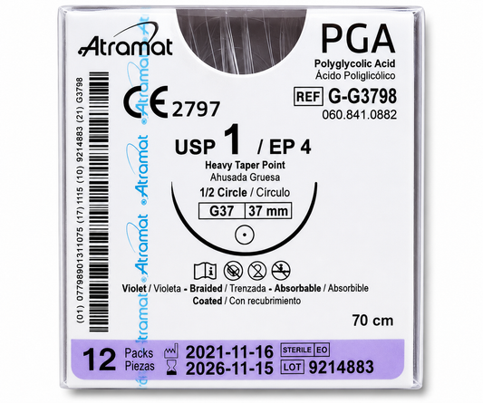 Sutura Ácido Poliglicólico 1, Aguja 1/2 círculo ahusada gruesa 37 mm, Hebra 70 cm, Marca Atramat, Caja con 12 piezas