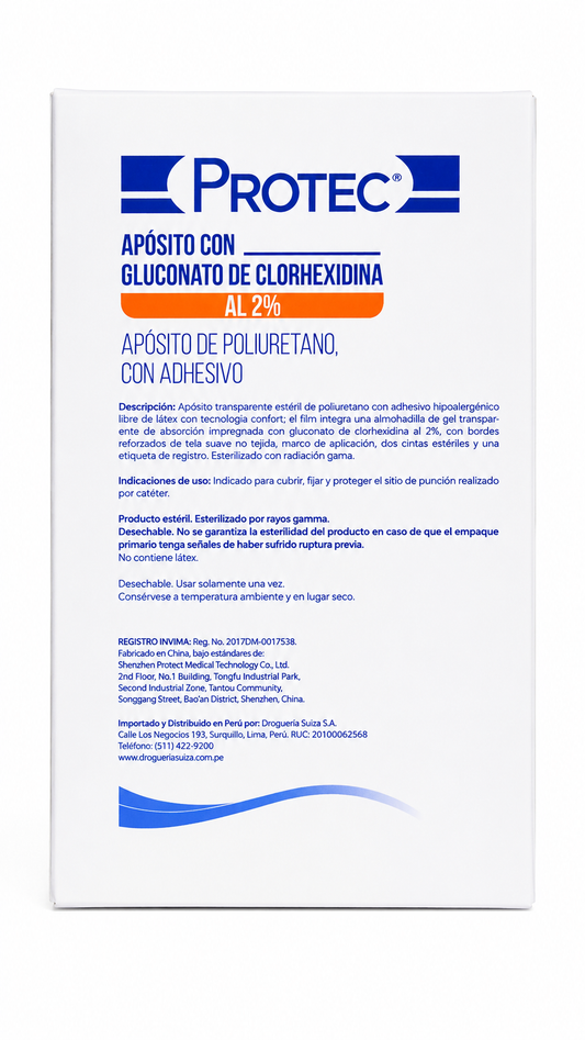 APOSITO PROTEC CON GLUCONATO DE CLORHEXIDINA AL 2% CAJA CON 25 PIEZAS