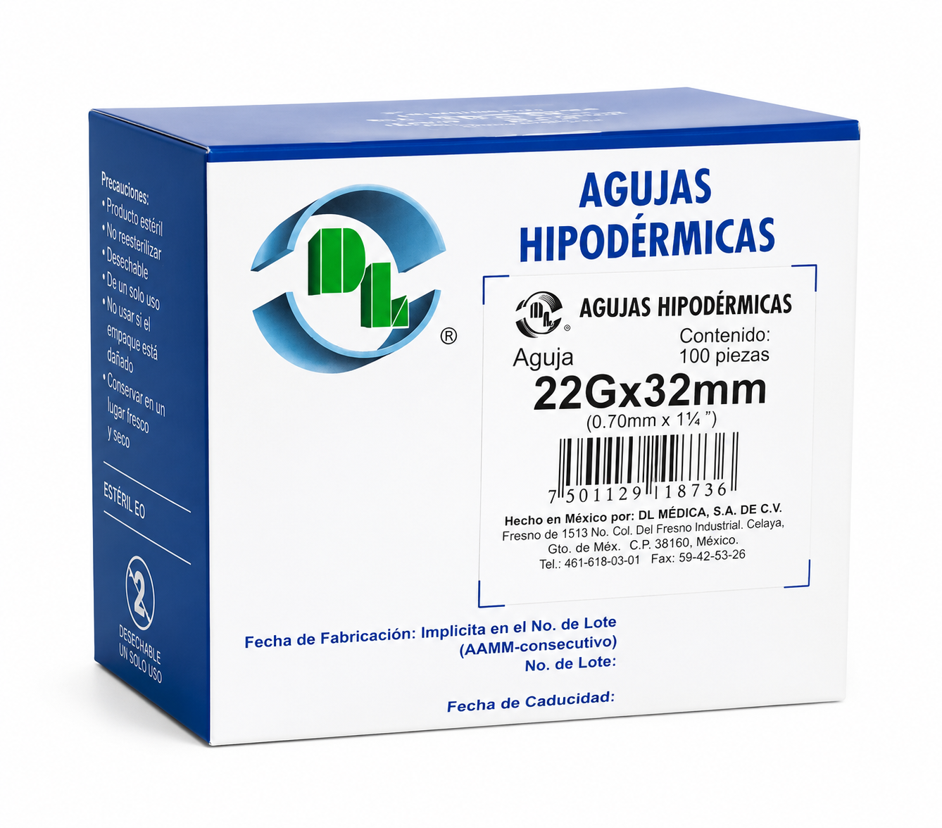 AGUJAS HIPODERMICAS CON PABELLON LUER-LOCK 22G X 32MM ESTERILES Y DESACHABLES MARCA DL CAJA CON 100 PIEZAS