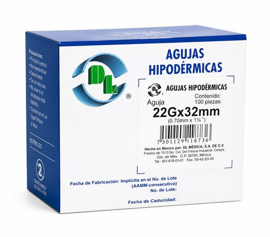 AGUJAS HIPODERMICAS CON PABELLON LUER-LOCK 22G X 32MM ESTERILES Y DESACHABLES MARCA DL CAJA CON 100 PIEZAS