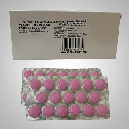 COLORANTES REVELADORES DE PLACAS DENTOBACTERIANAS TABLETAS SIN SABOR ENVASE CON 100 PIEZAS. 060.219.0068
