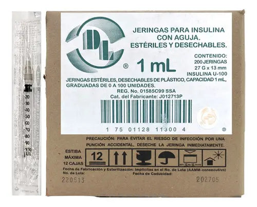 JERINGA DL PARA INSULINA 1 ML 27G X 13MM CAJA CON 200 PIEZAS