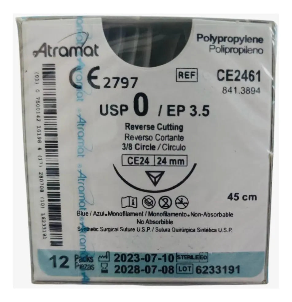 Sutura Polipropileno 0, Aguja 3/8 círculo reverso cortante 24 mm, Hebra 45 cm, Marca Atramat, Caja con 12 piezas