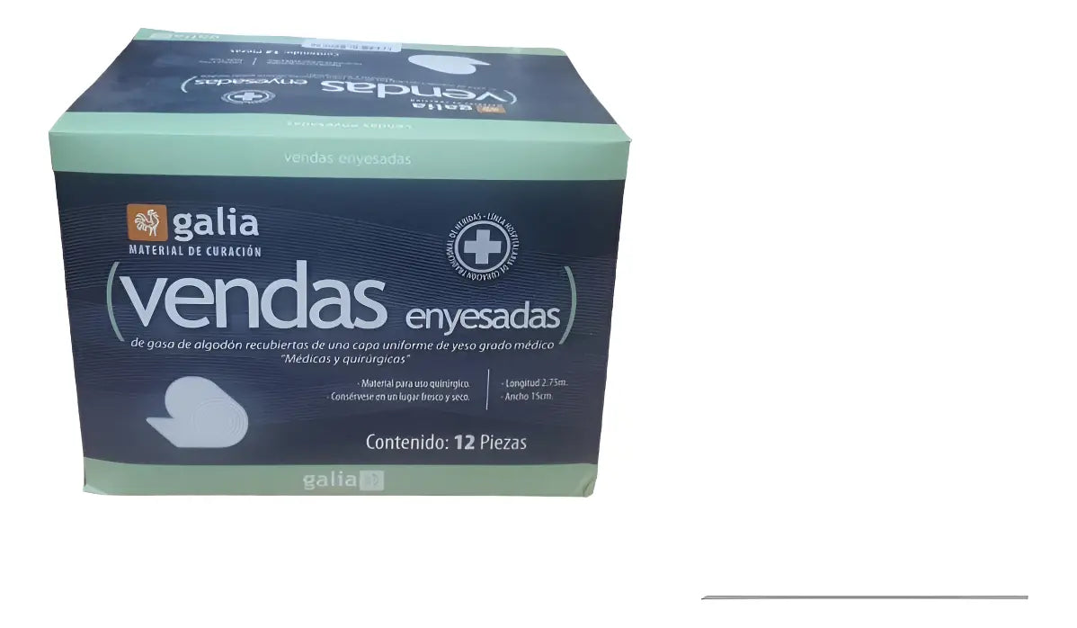 VENDA ENYESADA DE GASA DE ALGODON CON YESO DE GRADO MEDICO DE 15CM X 2.75 MTS MARCA GALIA CAJA CON 12 PIEZAS