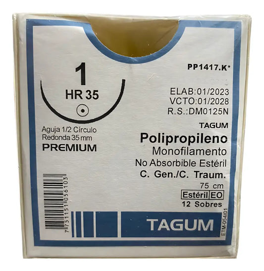 Sutura Polipropileno 1, Aguja 1/2 círculo 35 mm, Hebra 75 cm, Marca TAGUM, Caja con 12 piezas