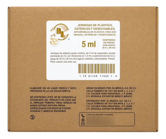 100 Jeringas De Plástico 5 Ml Con Aguja 20x38 MARCA DL