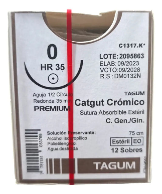 Sutura Catgut Crómico 0, Aguja ahusada 35 mm, Hebra 75 cm, Marca TAGUM, Caja con 12 piezas