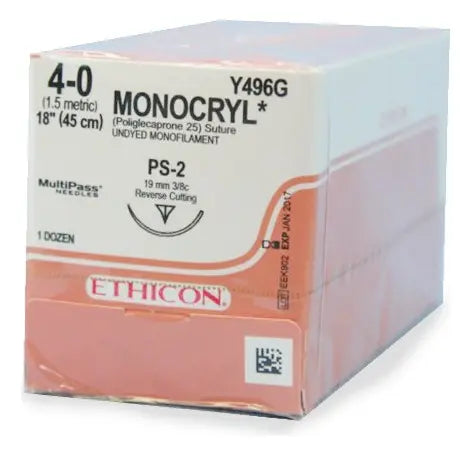 Sutura Monocryl 4-0, Aguja 3/8 círculo reverso cortante 19 mm, Hebra 45 cm, Marca Ethicon, Caja con 12 piezas
