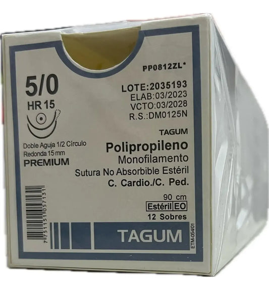 Sutura Polipropileno 5-0, Doble aguja 1/2 círculo 15 mm, Hebra 90 cm, Marca TAGUM, Caja con 12 piezas