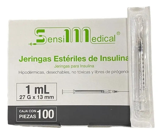 JERINGA PARA INSULINA 1ML SENSIMEDICAL 27G X 13MM CAJA CON 100 PIEZAS