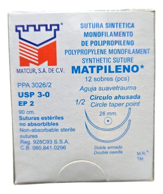 POLIPROPILENO 3-0 AGUJA AHUSADA DE 26 MM DOBLE AGUJA HEBRA 90 CMS MARCA MATCUR CAJA CON 12 PIEZAS 060.841.0296
