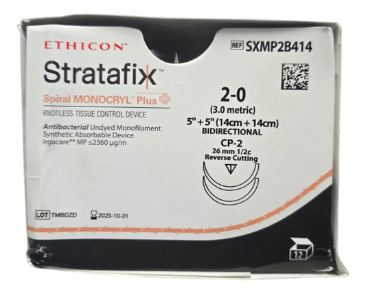 Sutura Stratafix 2-0, Espiral Monocryl Antibacterial, Aguja 1/2 círculo reverso cortante 26 mm, Caja con 12 piezas