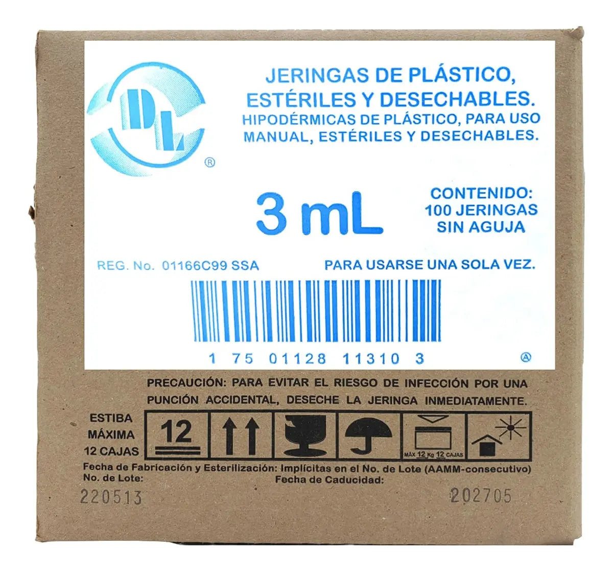 100 JERINGAS DE PLÁSTICO CAPACIDAD 3 ML SIN AGUJA MARCA DL
