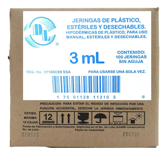100 JERINGAS DE PLÁSTICO CAPACIDAD 3 ML SIN AGUJA MARCA DL