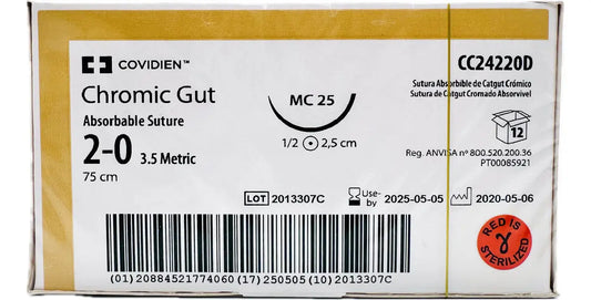 Sutura Catgut Simple 2-0, Aguja 1/2 círculo 35 mm, Hebra 75 cm, Marca Covidien, Caja con 12 piezas