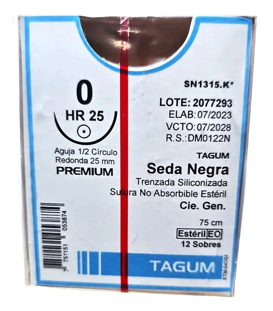 Sutura Seda Negra 0, Aguja 1/2 círculo redonda 25 mm, Hebra 75 cm, Marca TAGUM, Caja con 12 piezas