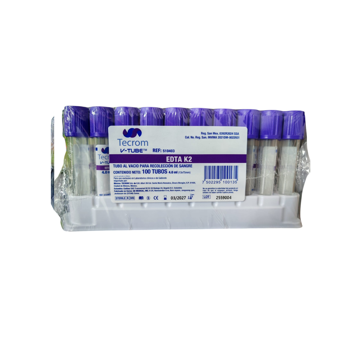TUBO TECROM V-TUBE TAPA LILA 4.0 ML EMPAQUE CON 100 PIEZAS