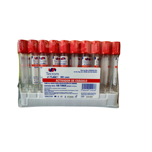 TUBO TECROM V-TUBE TAPA ROJA 6.0 ML EMPAQUE CON 100 PIEZAS