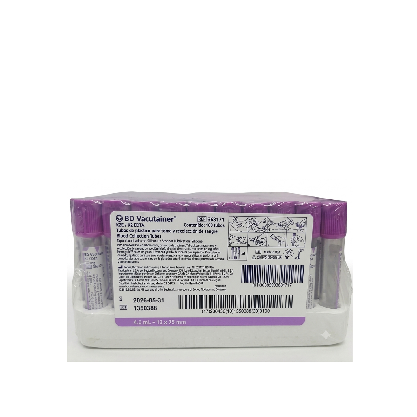 TUBO BD VACUTAINER 4.0 ML LILA GRADILLA CON 100 PIEZAS