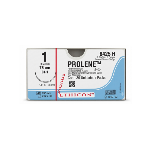 HILO PROLENE, ETHICON,CALIBRE 1, AGUJA 1/2 CIRCULO 36MM,HEBRA 75 CM,CAJA CON 36 PIEZAS