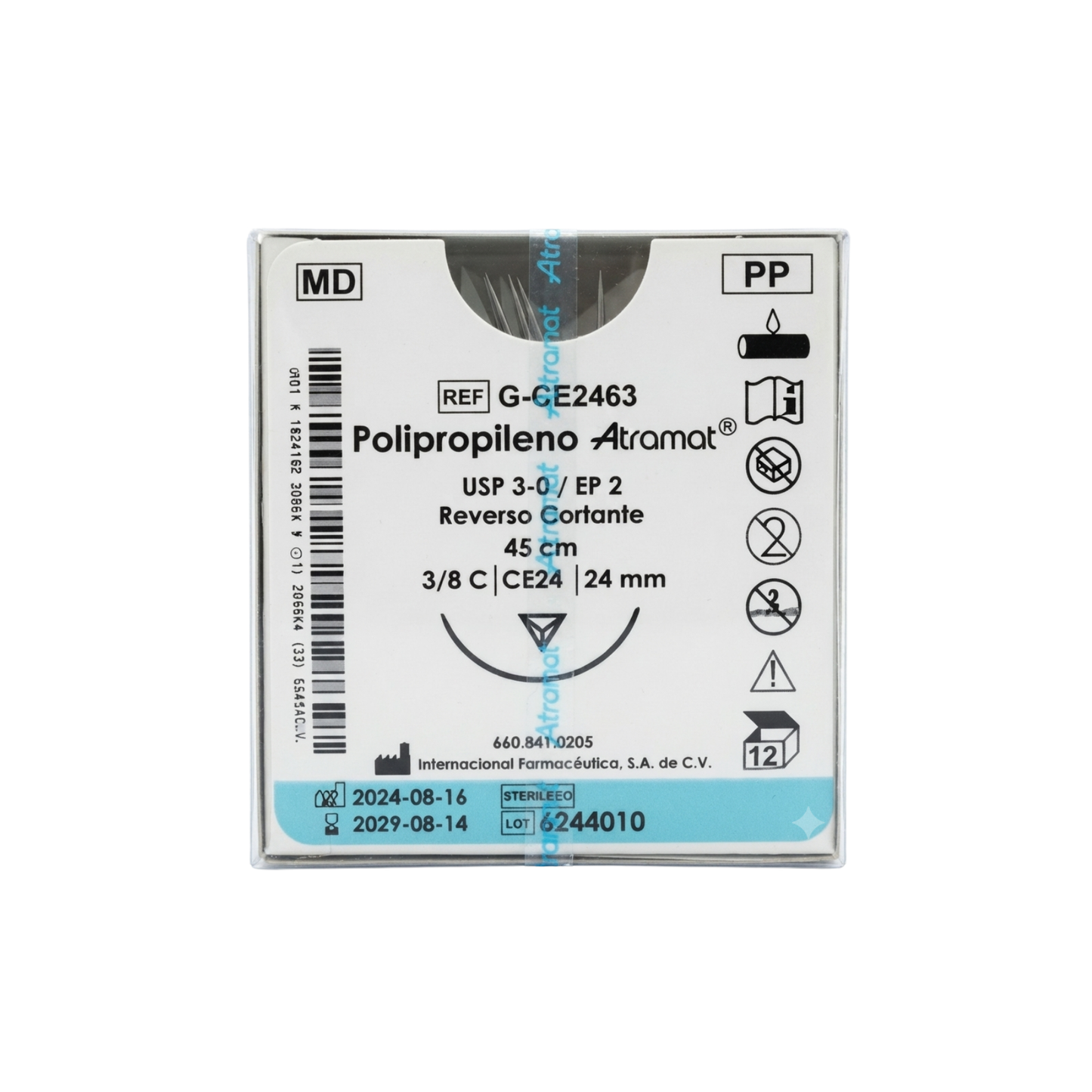 HILO ATRAMAT POLIPROPILENO 3-0 AGUJA 3/8 REVERSO CORTANTE 24MM HEBRA DE 45 CM CAJA CON 12 PIEZAS