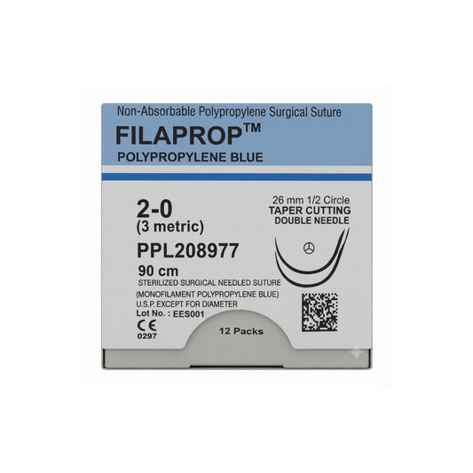 hilo Polipropileno 2-0, Aguja doble curva 26 mm, Hebra 90 cm, Marca FILAPROP, Caja con 12 piezas