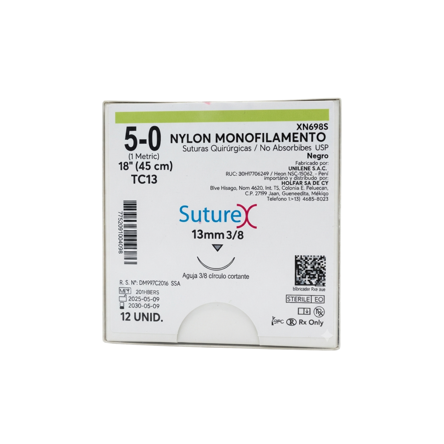 HILO NYLON 5-0 SUTUREX CON AGUJA 3/8 DE CIRCULO 13MM HEBRA DE 45CM C/12 PIEZAS XN698S