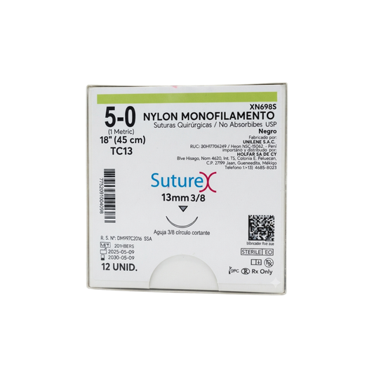 HILO NYLON 5-0 SUTUREX CON AGUJA 3/8 DE CIRCULO 13MM HEBRA DE 45CM C/12 PIEZAS XN698S