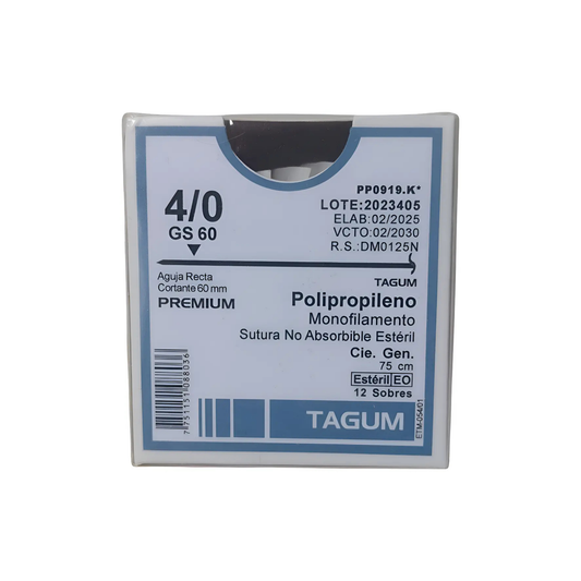 HILO POLIPROPILENO TAGUM CALIBRE 4-0 AGUJA RECTA CORTANTE 60MM HEBRA DE 75 CM CAJA CON 12 SOBRES