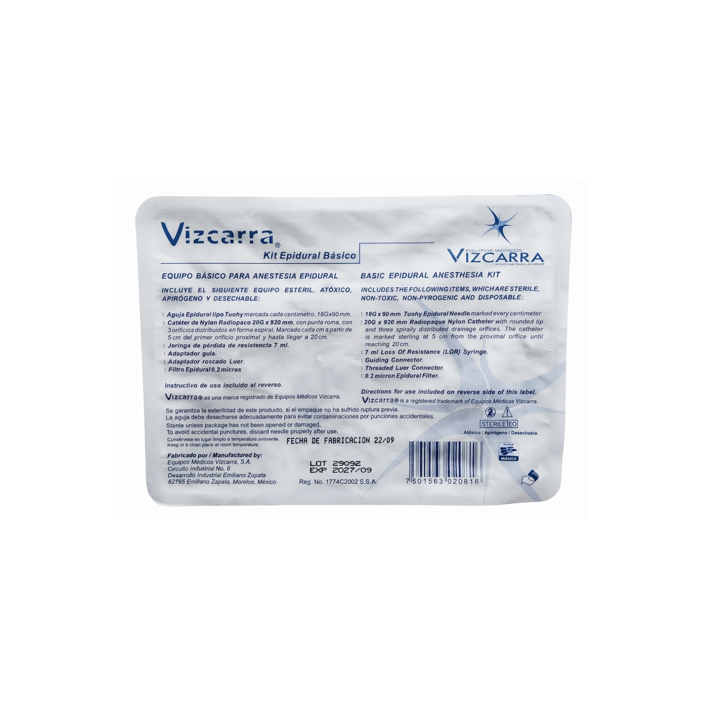 CANULA EPIDURAL VIZCARRA 19G X 920MM PAQUETE CON 5 PIEZAS