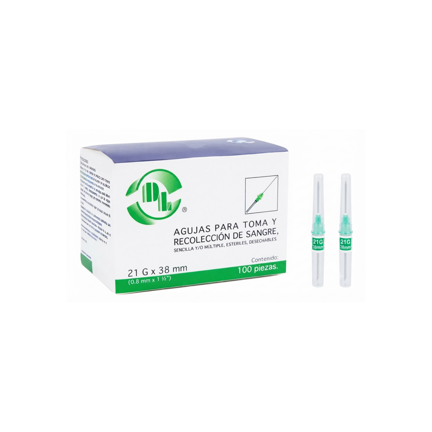 AGUJAS PARA TOMA Y RECOLECCION DE SANGRE 21G X 38MM ESTERILES Y DESACHABLES MARCA DL CAJA CON 100 PIEZAS