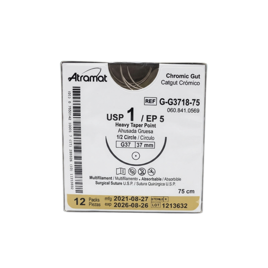 hilo Catgut Crómico 1, Aguja ahusada gruesa 1/2 círculo 37 mm, Hebra 75 cm, Marca Atramat, Caja con 12 piezas