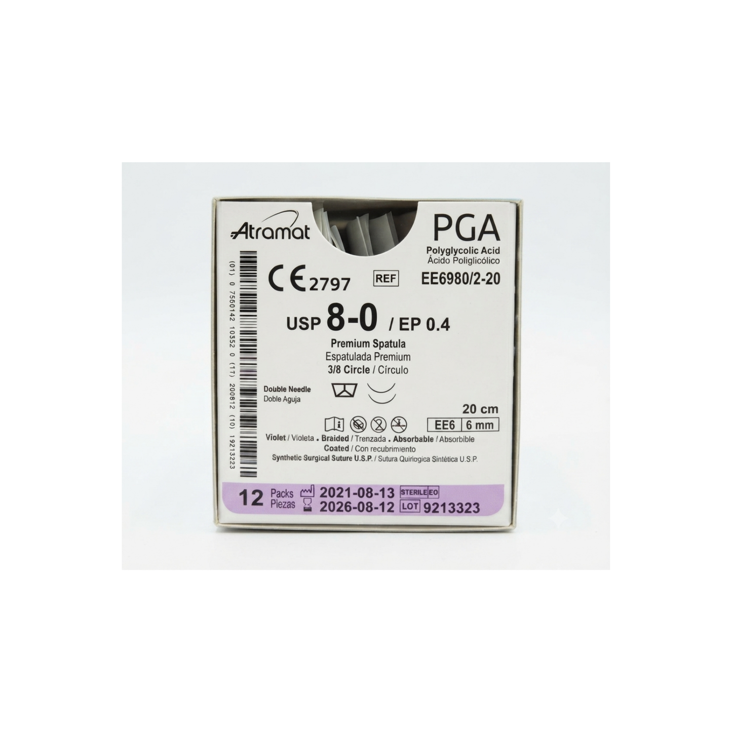 Hilo Ácido Poliglicólico 8-0, Doble armado, Aguja 3/8 círculo espatulada premium 6 mm, Hebra 20 cm, Marca Atramat, Caja con 12 piezas