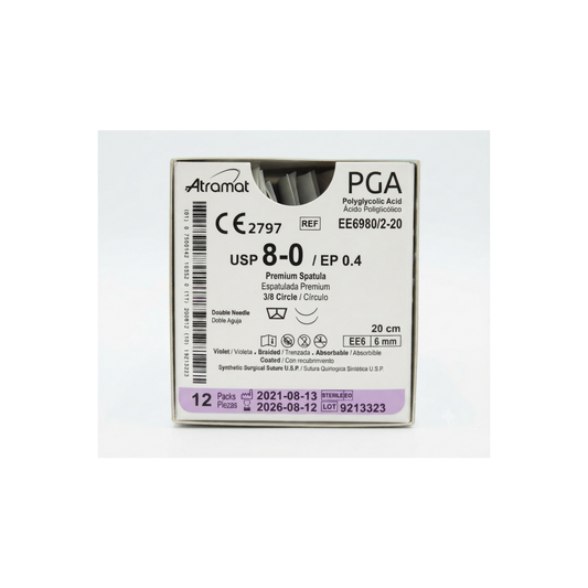 Hilo Ácido Poliglicólico 8-0, Doble armado, Aguja 3/8 círculo espatulada premium 6 mm, Hebra 20 cm, Marca Atramat, Caja con 12 piezas