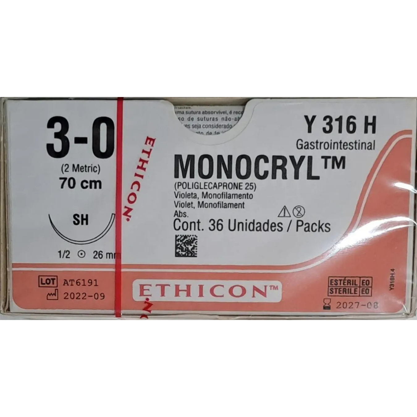 HILO (MONOCRYL) CALIBRE 3-0,HEBRA 70 CM,AGUJA 1/2 CIRCULO 26 MM CAJA CON 36 PIEZAS ETHICON Y316H